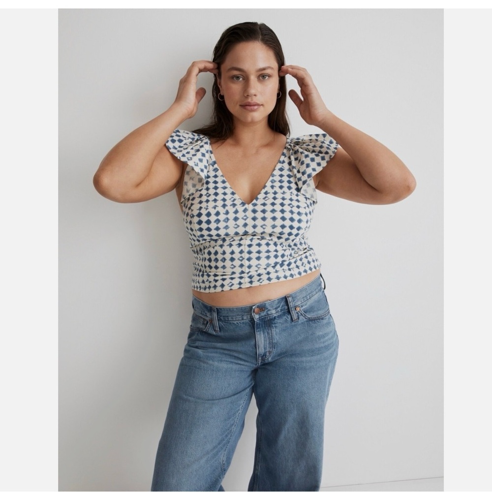 Madewell Size 16 Shibori-Print Blue V-Back Top 100% Cotton Cropped Casual Boho